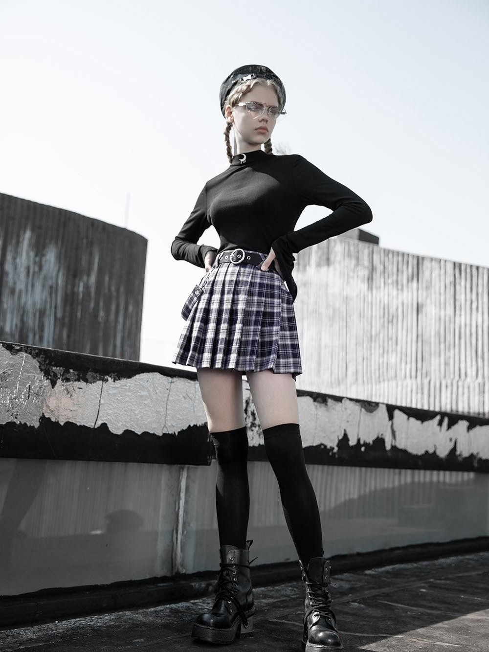 LAST CALL Plaid Pleated Mini Skirt in Black & Purple - Modern A-Line